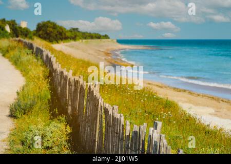 Selektiver Fokus auf Holzzaun, Blick auf eine Düne mit Holzzaun in Südfrankreich Stockfoto