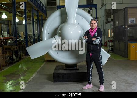 Britwind baut Windturbinen mit Gründer Dale Vince, South Woodchester, Stroud, Großbritannien Stockfoto