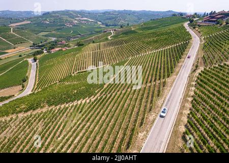 Luftaufnahme der Romantischen Straße der Langhe und Roero zwischen endlosen Landschaften von Weinbergen. Piemont Italien Stockfoto