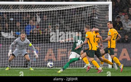 Australien und Saudi-Arabien spielten ihre Welt aus. Cup Qualifying Spiel mit einem 0-0 Unentschieden in nassen Bedingungen. Mit: Salem Aldawsari wo: Sydney, Australien Wann: 11 Nov 2021 Kredit: WENN Stockfoto