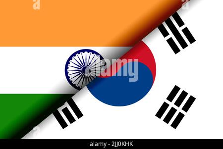 Die Flaggen Indiens und Südkoreas teilten sich diagonal. 3D Rendern Stockfoto