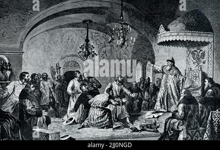 In der Überschrift von 1906 heißt es: „DIMITRI DONSKI LEHNTE DIE TARTAR-TRIBUTE AB. – Russland war über zwei Jahrhunderte der Tyrannei der asiatischen Tartaren unterworfen. Dimitri, Großherzog von Moskau, war der erste, der sich gegen sie auflehnte und den gewohnten Tribut ablehnte, der eine Hommage an eine kleine Figur des tatarischen Khan beinhaltete. Dimitri trat den Mannikin unter dem Applaus seines Hofes mit Füßen. Er besiegte die Tataren in einer großen Schlacht am Don und erwarb seinen Familiennamen Donski, aber danach besiegten sie ihn und verbrannten seine Hauptstadt.“ Der heilige Dmitri Iwanowitsch Donskoi oder Dmitri vom Don, sometim Stockfoto