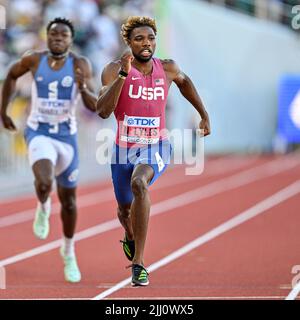 EUGENE, USA - 21. JULI: Noah Lyles aus den USA tritt während der Leichtathletik-Weltmeisterschaften am 21. Juli 2022 in Eugene, USA, auf dem 200m. Turnier der Männer an (Foto: Andy Astfalck/BSR Agency) Atletiekunie Stockfoto