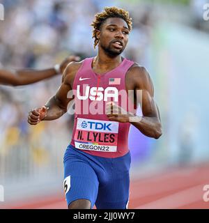 EUGENE, USA - 21. JULI: Noah Lyles aus den USA tritt während der Leichtathletik-Weltmeisterschaften am 21. Juli 2022 in Eugene, USA, auf dem 200m. Turnier der Männer an (Foto: Andy Astfalck/BSR Agency) Atletiekunie Stockfoto