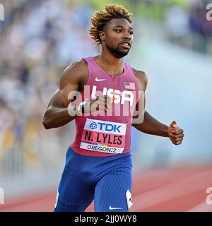 EUGENE, USA - 21. JULI: Noah Lyles aus den USA tritt während der Leichtathletik-Weltmeisterschaften am 21. Juli 2022 in Eugene, USA, auf dem 200m. Turnier der Männer an (Foto: Andy Astfalck/BSR Agency) Atletiekunie Stockfoto