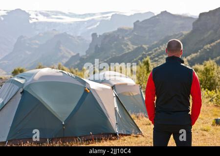 Camping im Thorsmork-Tal in Island Stockfoto