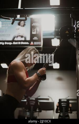 Blonde Frau beim Training im Fitnessstudio, die Sonne kommt durch das Fenster Stockfoto