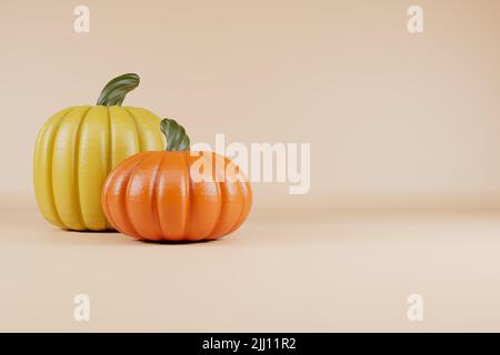 Happy Thauhksgiving Tag gelb und orange Kürbisse auf hellbraunem Hintergrund 3D Render. Stockfoto