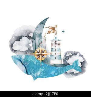 Wal in den Wolken mit dem Mond, einem Leuchtturm und einem Kompass auf der Rückseite Aquarell-Illustration auf weißem Hintergrund. Drachen, Zeichen und Symbolik Stockfoto
