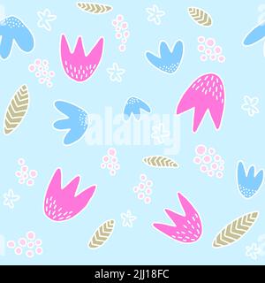 Handgezeichnetes Doodle einfaches florales Nahtloses Muster in Frühlingsfarben. Stockfoto
