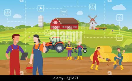 Intelligentes Farmkonzept mit Landwirt Verwenden Sie ein Tablet und überwachen Sie die Daten der Farmtechnologie im modernen flachen Stil Stockfoto