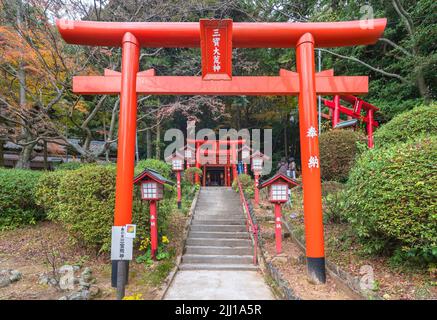 kyushu, japan - 08 2021. dezember: Folge von vermillion shinto torii Toren und hölzernen Laternen entlang der Treppe zum Okunomiya Sanbokojin Stockfoto