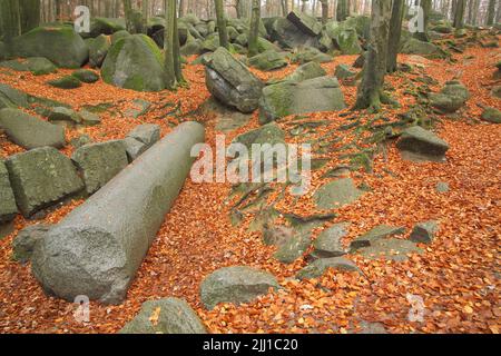 Römische Riesensäule im Felsenmeer im Odenwald, Hessen, Deutschland Stockfoto