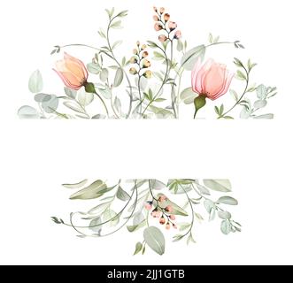 Aquarell-Blumenbanner mit Platz für Text. Bouquet mit großen rosa Rosen und Eukalyptusblättern. Vorlage für Dankeskarte. Isolierte handgezeichnete Abstraktion Stockfoto