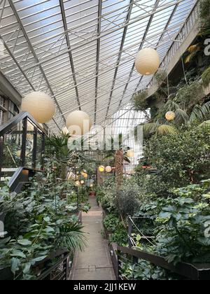 Eine vertikale Aufnahme einer runden Laterne, die über einem Brunnen mit Pflanzen in einem botanischen Garten hängt Stockfoto