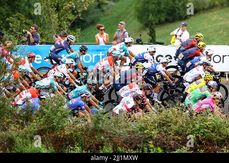 Cahors, Frankreich. 22.. Juli 2022. Abbildung des Reiterruckes während der Etappe 19 des Radrennens der Tour de France, von Castelnaus-Magnoac - Cahors (189km), Frankreich, am Freitag, 22. Juli 2022. Die diesjährige Tour de France findet vom 01. Bis 24. Juli 2022 statt. BELGA FOTO DAVID PINTENS - UK OUT Credit: Belga News Agency/Alamy Live News Stockfoto