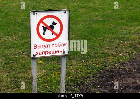 Weißes Schild mit russischem Text Hundegehen ist verboten steht auf einem grünen Gras Stockfoto