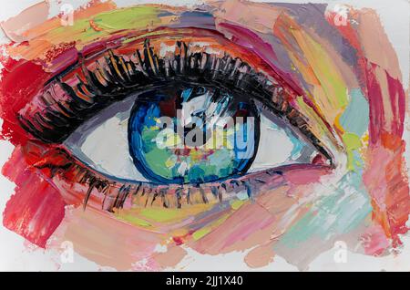 Handmad konzeptuelles abstraktes Bild des Auges. Öl weibliche Porträtmalerei. Malen in bunten Farben. Konzeptuelle abstrakte Nahaufnahme von Aquarell Stockfoto