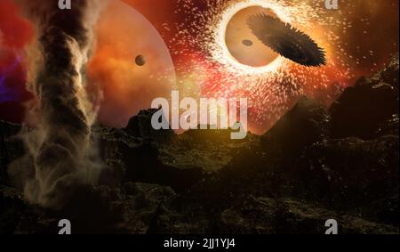 Space Jump und dunkler Planet Stockfoto