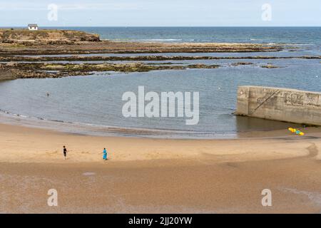 Blick auf Cullercoats Bay, einen kleinen Strand in Cullercoats, North Tyneside, Großbritannien. Stockfoto