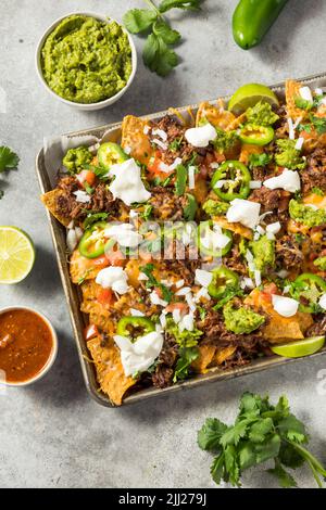 Hausgemachtes mexikanisches geschreddertes Rindfleisch Nachos mit Gaucamole und Sour Cream Stockfoto