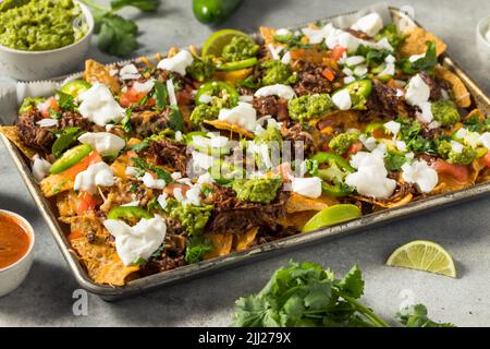 Hausgemachtes mexikanisches geschreddertes Rindfleisch Nachos mit Gaucamole und Sour Cream Stockfoto