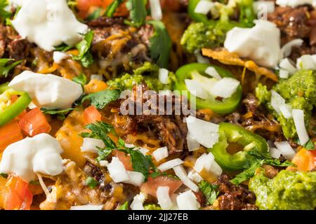 Hausgemachtes mexikanisches geschreddertes Rindfleisch Nachos mit Gaucamole und Sour Cream Stockfoto