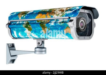 Überwachungskamera mit Earth Globe, 3D Rendering isoliert auf weißem Hintergrund Stockfoto