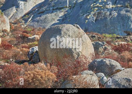 Kopieren Sie den Raum eines großen Felsens auf einem felsigen Berg mit trockenen Pflanzen und Sträuchern, die in der Natur wachsen. Schroffe, abgelegene und ruhige Landschaft mit Felsen und Steinen Stockfoto