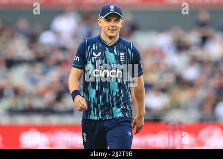 Manchester, Großbritannien. 22.. Juli 2022. Sam Curran von England während des Spiels in Manchester, Vereinigtes Königreich am 7/22/2022. (Foto von Mark Cosgrove/News Images/Sipa USA) Quelle: SIPA USA/Alamy Live News Stockfoto