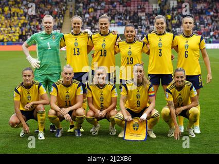 Schwedische Mannschaftsgruppe beim Viertelfinale der UEFA Women's Euro 2022 im Leigh Sports Village. Bilddatum: Freitag, 22. Juli 2022. Stockfoto