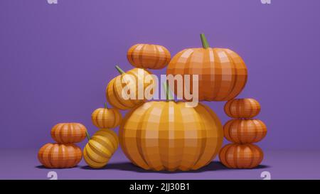 3D Rendering von Low-Poly-Kürbis vor violettem Hintergrund mit leerem Textraum Stockfoto