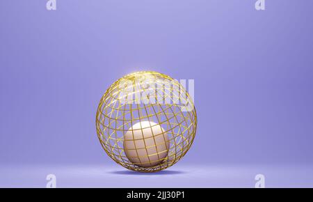 Kugel in goldenem Drahtgestell auf violettem Hintergrund, 3D Render Stockfoto