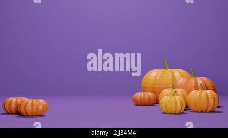 3D Rendering von Low-Poly-Kürbis vor violettem Hintergrund mit leerem Textraum Stockfoto