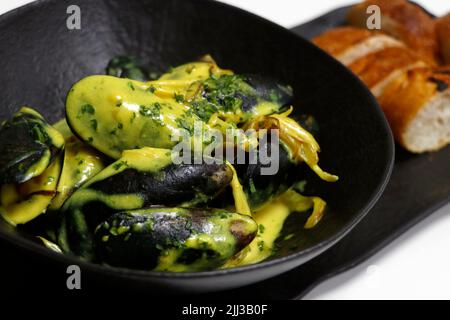 Muscheln, Moilee oder moily, südindische Meeresfrüchte-Eintopf mit reicher Kokosmilch Stockfoto