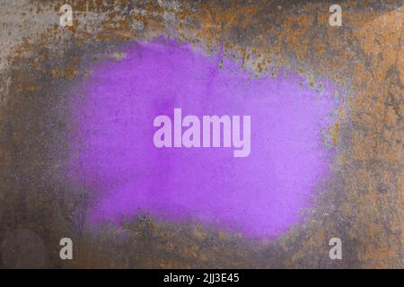 Farbe Flecken Lila Paint Spot Abstrakt Blank Design Muster Muster Muster leer auf Oberfläche Rusty Metallic Textur Hintergrund. Stockfoto