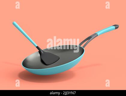 Bratpfanne mit Glasdeckel und massivem Drehspender aus Silikon auf korallenfarbenem Hintergrund. 3D Render von antihaftbeschichteter Küchenutensilien Stockfoto