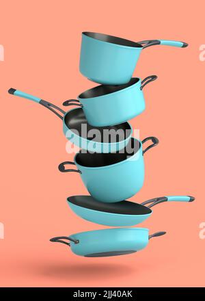 Set aus fliegendem Stewpot aus Edelstahl, Bratpfanne und Kochgeschirr aus verchromtem Aluminium auf korallenfarbenem Hintergrund. 3D Render von antihaftbeschichteter Küchenutensilien Stockfoto