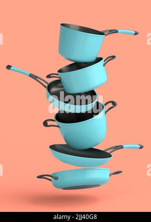 Set aus fliegendem Stewpot aus Edelstahl, Bratpfanne und Kochgeschirr aus verchromtem Aluminium auf korallenfarbenem Hintergrund. 3D Render von antihaftbeschichteter Küchenutensilien Stockfoto