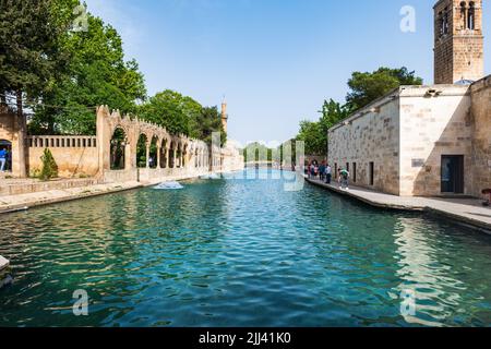 Sanliurfa, Türkei - Mai 2022: Balikligol (der Fischsee auf Englisch) in Sanliurfa, Türkei. Der historische Teich Abrahams oder der Teich des Heiligen Fisches Stockfoto