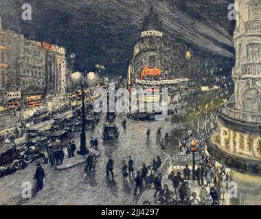 AJAXNETPHOTO. 1925-30 CA. PARIS, FRANKREICH. - NACHTANSICHT DER KREUZUNG - CARREFOUR RICHELIEU-DROUOT - BOULEVARD HAUSSMANN UND AVENUE DES ITALIENS 9ER ARONDISEMENT IN EINEM UNSIGNIERTEN LITHOGRAPHIEDRUCK VON UNBEKANNTEM KÜNSTLER. © DIGITAL IMAGE COPYRIGHT AJAX VINTAGE PICTURE LIBRARY SOURCE: AJAX VINTAGE PICTURE LIBRARY COLLECTION REF:GX8 202412 1030066 Stockfoto