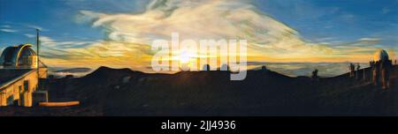 Sonnenuntergang auf dem Mauna Kea Hawaii, mit den Wolken unter dem Berg. Stockfoto