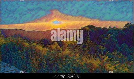 Sonnenaufgang über Wiesen und Bergen des Shenandoah National Park. Mit Pflanzen, Blumen und Steinwänden. Stockfoto