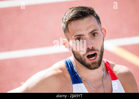 Oregon, USA. 22.. Juli 2022. Der französische Valentin Lavillenie, aufgenommen während der IAAF Leichtathletik-Weltmeisterschaften 19. in Eugene, Oregon, USA, Freitag, 22. Juli 2022. Die Worlds finden vom 15. Bis 24. Juli statt, nachdem sie 2021 aufgrund der anhaltenden Coronavirus-Pandemie verschoben wurden. BELGA FOTO JASPER JACOBS Quelle: Belga Nachrichtenagentur/Alamy Live News Stockfoto