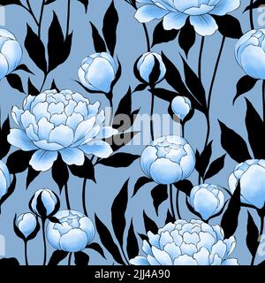 Pfingstrosen-Blüten nahtloses Muster mit schwarzen Blättern. Floraler Hintergrund. Stockfoto