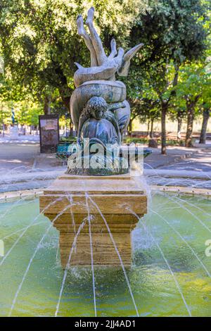 Delfinbrunnen im öffentlichen Stadtpark, Cortona, Toskana, Italien Stockfoto