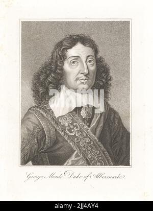 George Monck, 1. Herzog von Albemarle, 1608-1670, englischer Soldat, der während des englischen Bürgerkrieges auf parlamentarischer und Royalistischer Seite kämpfte. George Monk, Herzog von Albermarle. Kupferstich von Robert Sheppard aus Samuel Woodburns Galerie für seltene Porträts, bestehend aus Originalplatten, George Jones, 102 St Martin’s Lane, London, 1816. Stockfoto