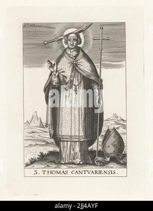 Thomas Becket, Erzbischof von Canterbury, ca. 1119-1170. Bischof ermordet von Rittern von Heinrich dem jungen König. Kurioseres Ganzkörperporträt des Bischofs in kirchlichen Gewändern mit Heiligenschein, Mitra und Kreuz, einem in seinen Kopf eingebetteten Schwert. S. Thomas Cantvariensis. Fol. 279. Kupferstich aus Samuel Woodburns Galerie für seltene Porträts, bestehend aus Originalplatten, George Jones, 102 St Martin’s Lane, London, 1816. Stockfoto