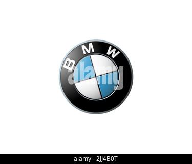 BMW Bank, gedrehtes Logo, weißer Hintergrund Stockfoto