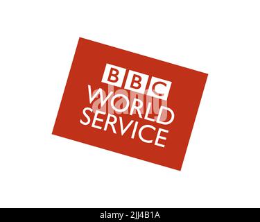 BBC World Service, gedrehtes Logo, weißer Hintergrund B Stockfoto